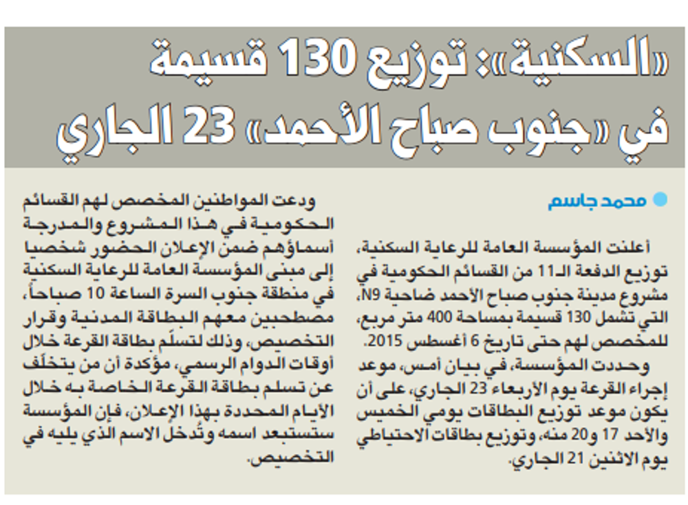 صورة المؤسسة العامة للرعاية السكنية : توزيع 130 قسيمة في «جنوب صباح الأحمد» 23 الجاري