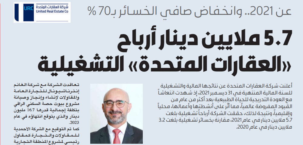 صورة 5.7 ملايين دينار أرباح «العقارات المتحدة» التشغيلية في 2021