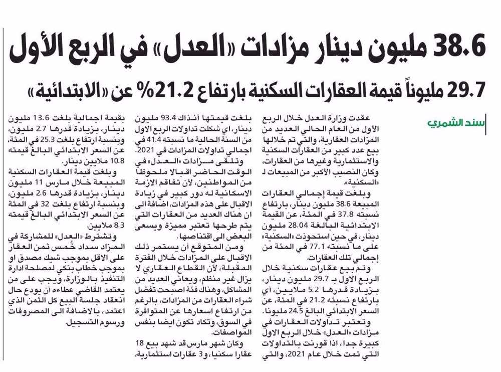 صورة 38.6 مليون دينار مزادات «العدل» في الربع الأول