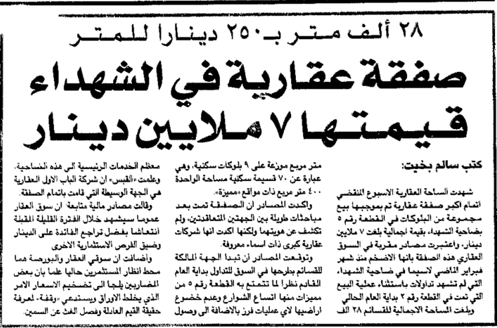 Picture of 28 ألف متر ب250 دينارا للمتر. صفقة عقارية في الشهداء قيمتها 7 ملايين دينار