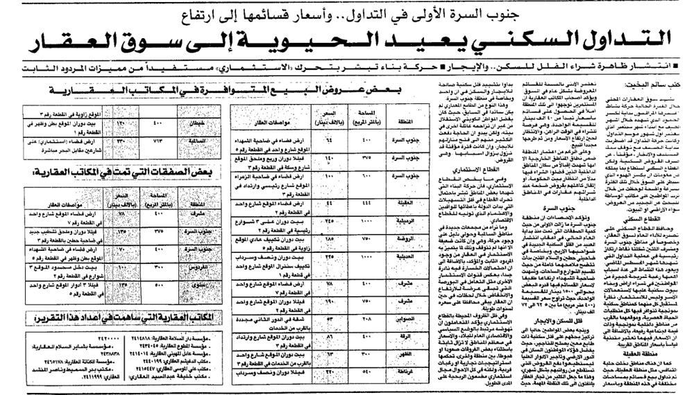 Picture of جنوب السرة الأولى في التداولِِ وأسعار قسائمها إلى ارتفاع. التداول السكني يعيد الحيوية إلى سوق العقار