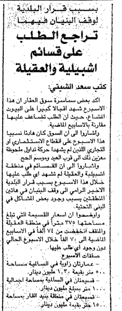 Picture of بسبب قرار البلدية لوقف البنيان فيهما. تراجع الطلب على قسائم اشبيلية والعقيلة