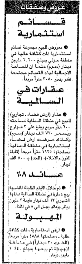 Picture of عروض وصفقات .. قسائم إستثمارية / عقارات في السالمية / عائد 8% / المهبولة