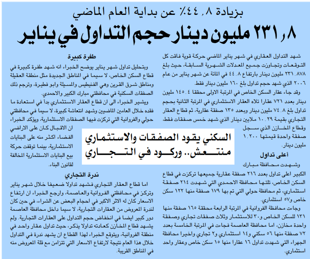 صورة بزياده ٤٤.٨٪ عن بداية العام الماضى ٢٣١.٨ مليون دينار حجم التداول فى يناير