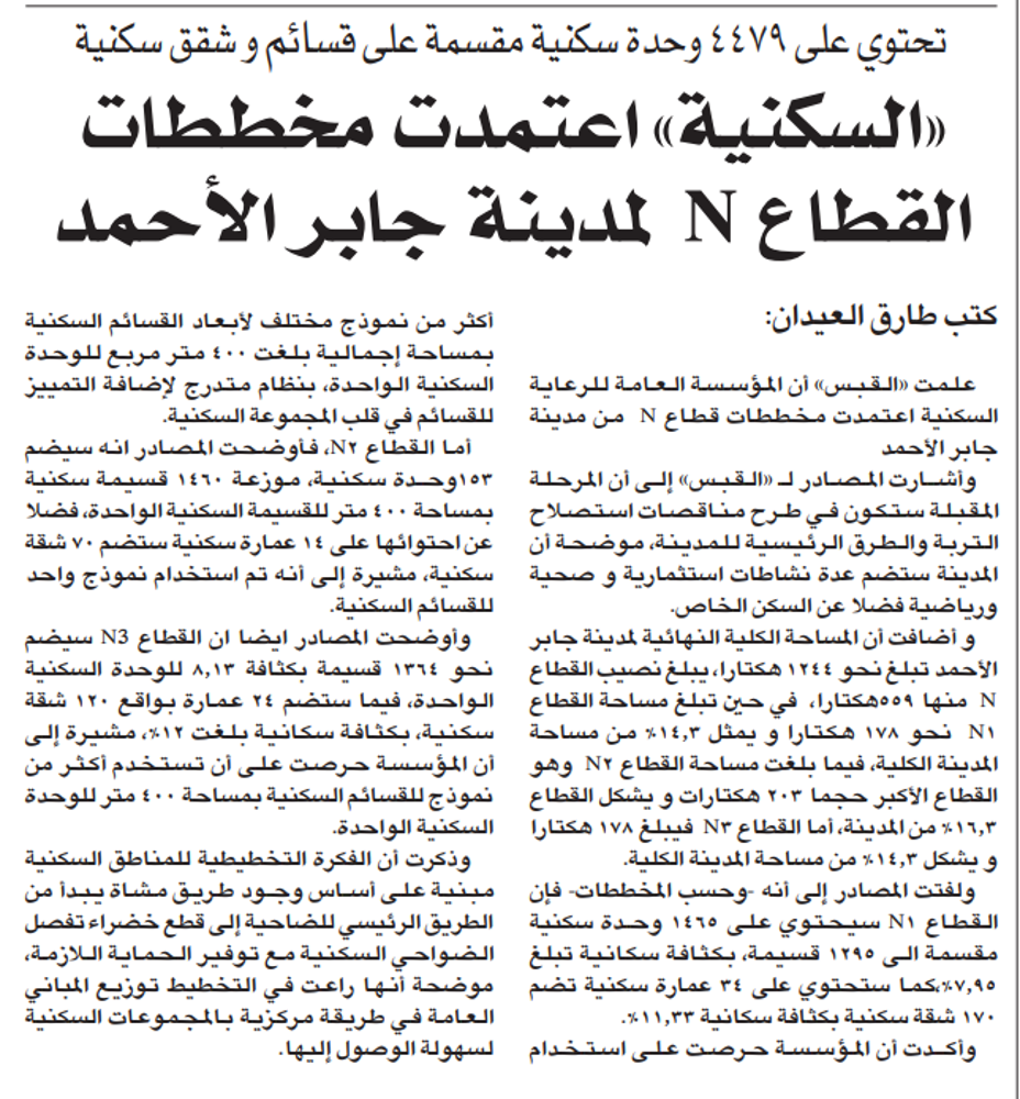 صورة تحتوي على 4479 وحدة سكنية مقسمة على قسائم و شقق سكنية «السكنية» اعتمدت مخططات القطاع N لمدينة جابر الأحمد