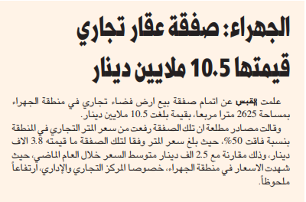 صورة الجهراء: صفقة عقار تجاري قيمتها 10.5 ملايين دينار