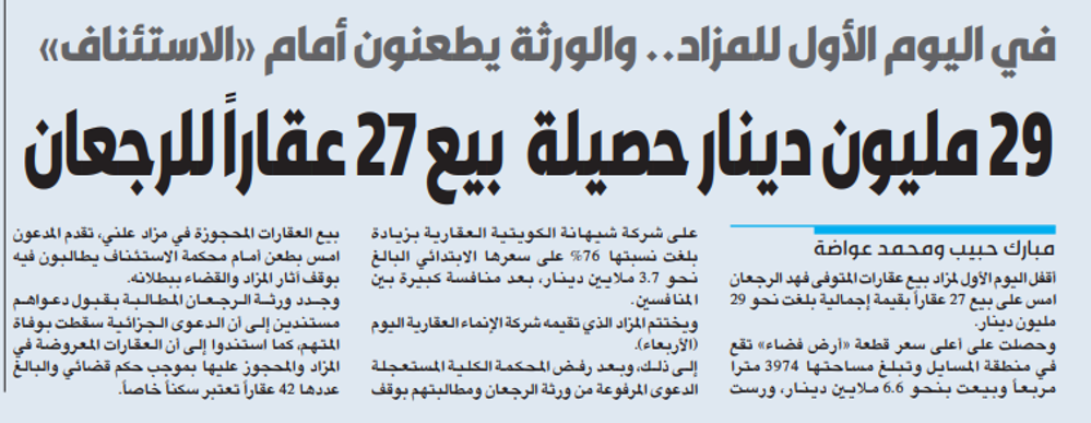 صورة 29 مليون دينار حصيلة بيع 27 عقاراً للرجعان