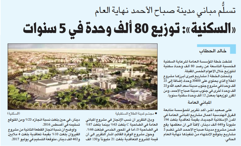صورة تسلم مدينة صباح الاحمد البحرية نهاية العام .. السكنية : توزيع 80 ألف وحدة فى5 سنوات