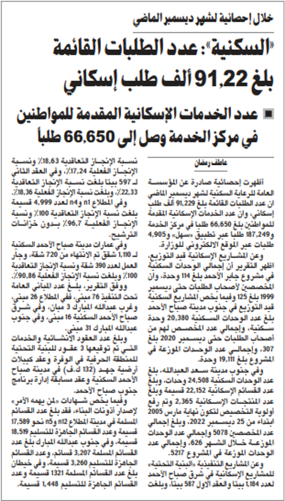 صورة «السكنية»: عدد الطلبات القائمة بلغ 91.22 ألف طلب إسكاني