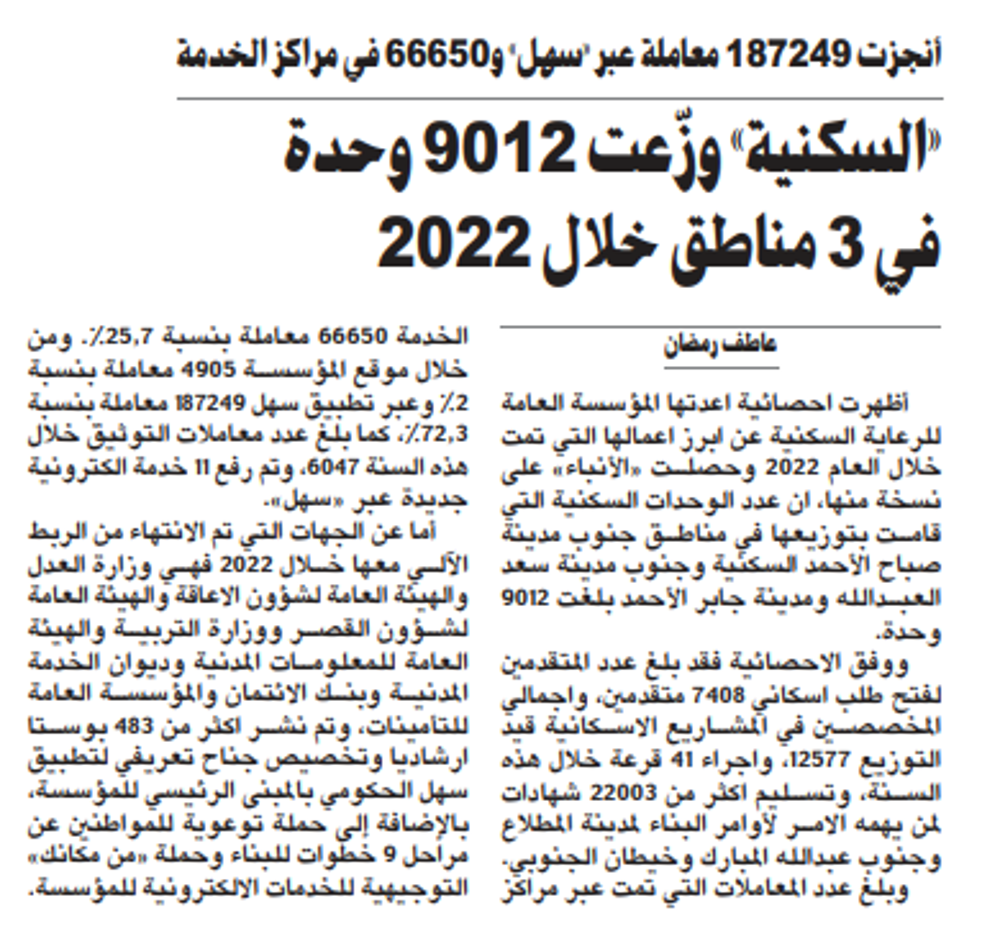 صورة «السكنية» وزّعت 9012 وحدة في 3 مناطق خلال 2022