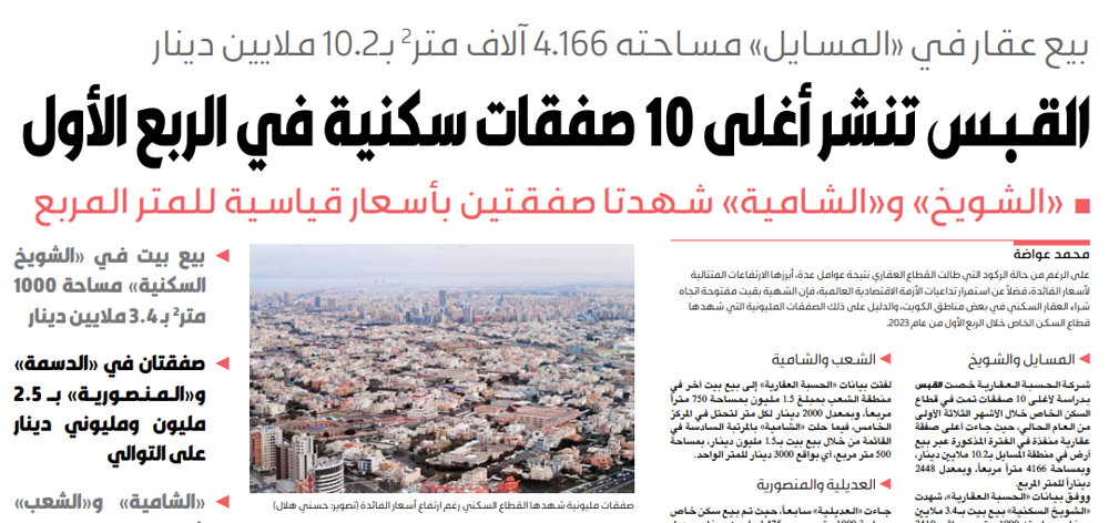 صورة القبس تنشر أغلى 10 صفقات سكنية في الربع الأول