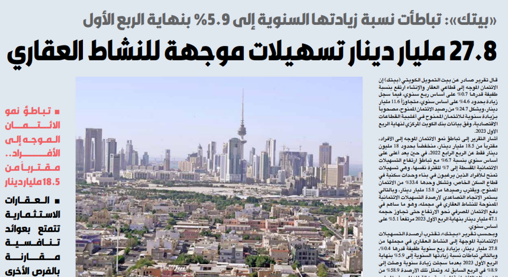 صورة «بيتك»: 27.8 مليار دينار تسهيلات موجهة للنشاط العقاري