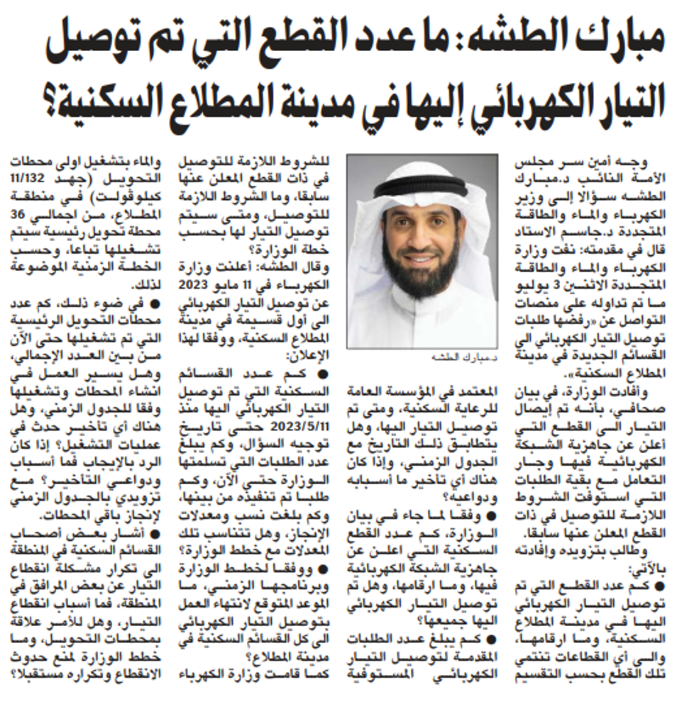 صورة مبارك الطشه: ما عدد القطع التي تم توصيل التيار الكهربائي إليها في مدينة المطلاع السكنية؟