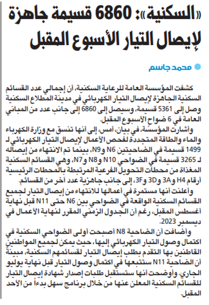 صورة «السكنية»: 6860 قسيمة جاهزة لإيصال التيار الأسبوع المقبل