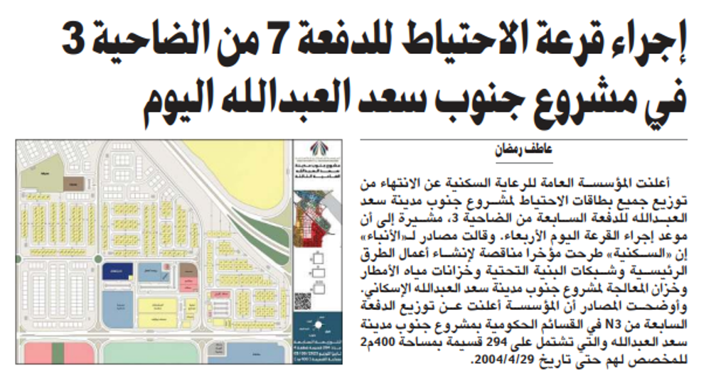 صورة إجراء قرعة الاحتياط للدفعة 7 من الضاحية 3 في مشروع جنوب سعد العبدالله اليوم