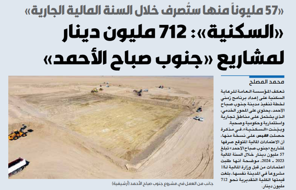 صورة «السكنية»: 712 مليون دينار لمشاريع «جنوب صباح الأحمد»