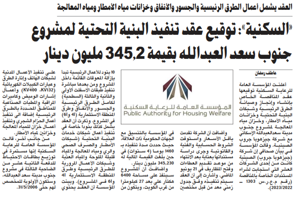 صورة «السكنية»: توقيع عقد تنفيذ البنية التحتية لمشروع جنوب سعد العبدالله بقيمة 345.2 مليون دينار