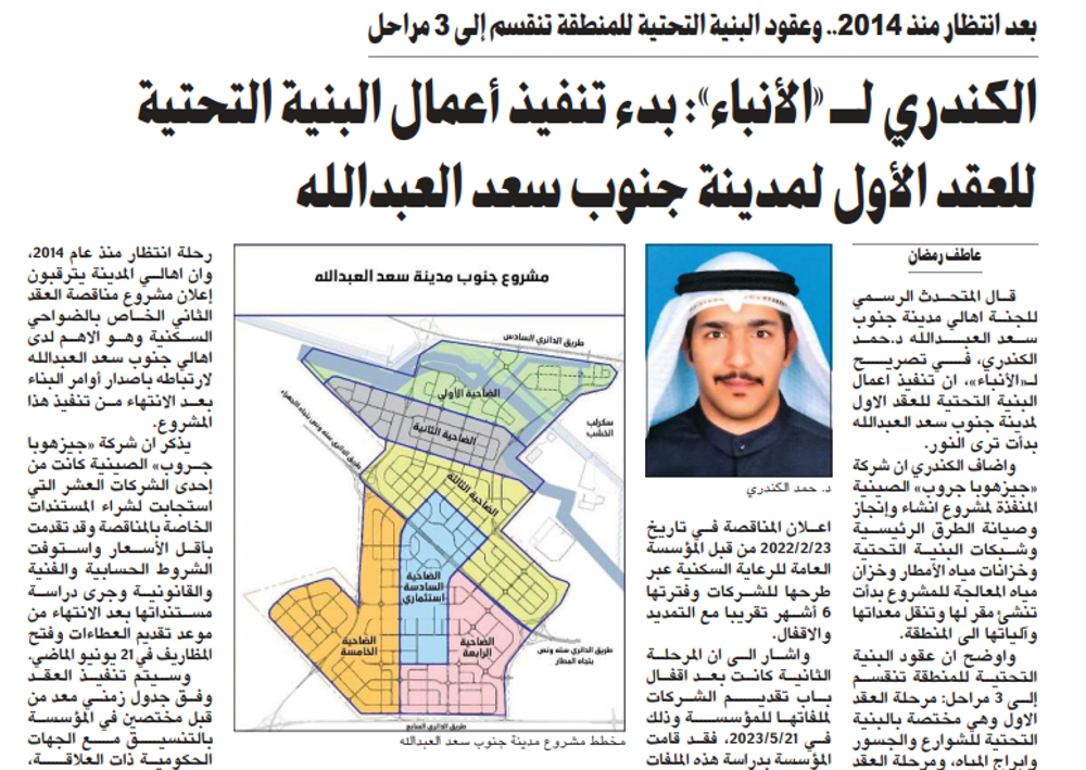 صورة الكندري لـ «الأنباء»: بدء تنفيذ أعمال البنية التحتية للعقد الأول لمدينة جنوب سعد العبدالله