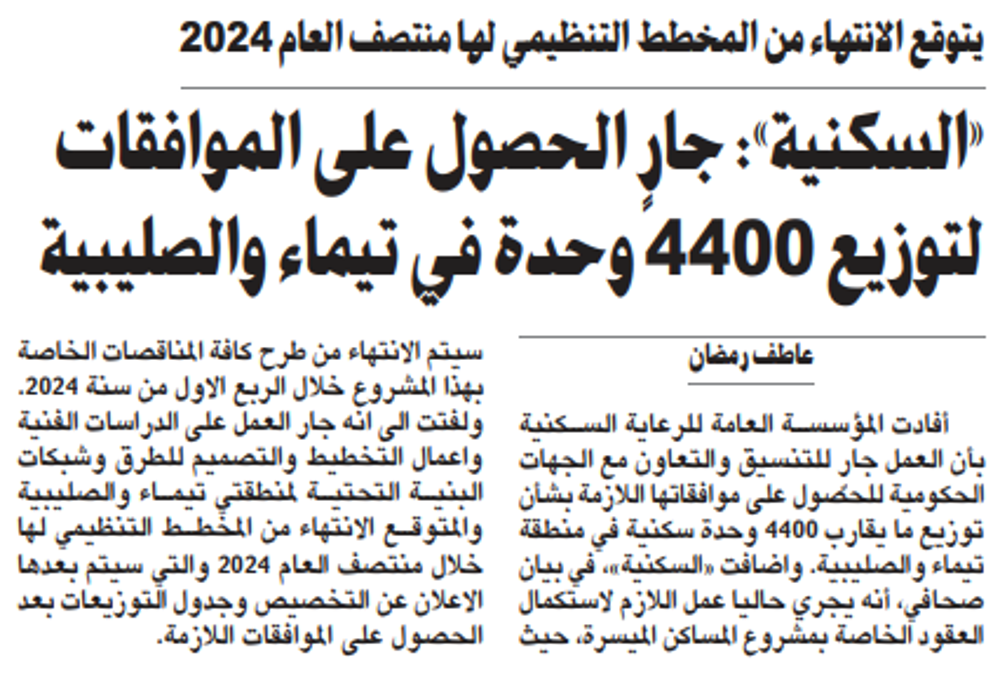 صورة «السكنية»: جارٍ الحصول على الموافقات لتوزيع 4400 وحدة في تيماء والصليبية