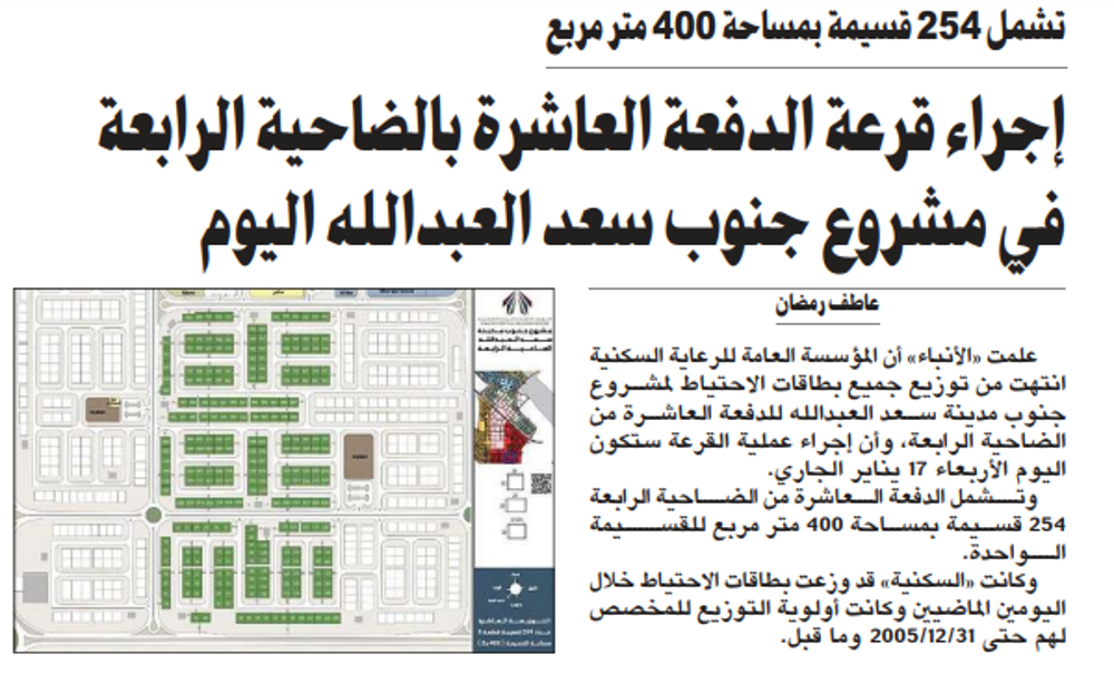 صورة إجراء قرعة الدفعة العاشرة بالضاحية الرابعة في مشروع جنوب سعد العبدالله اليوم