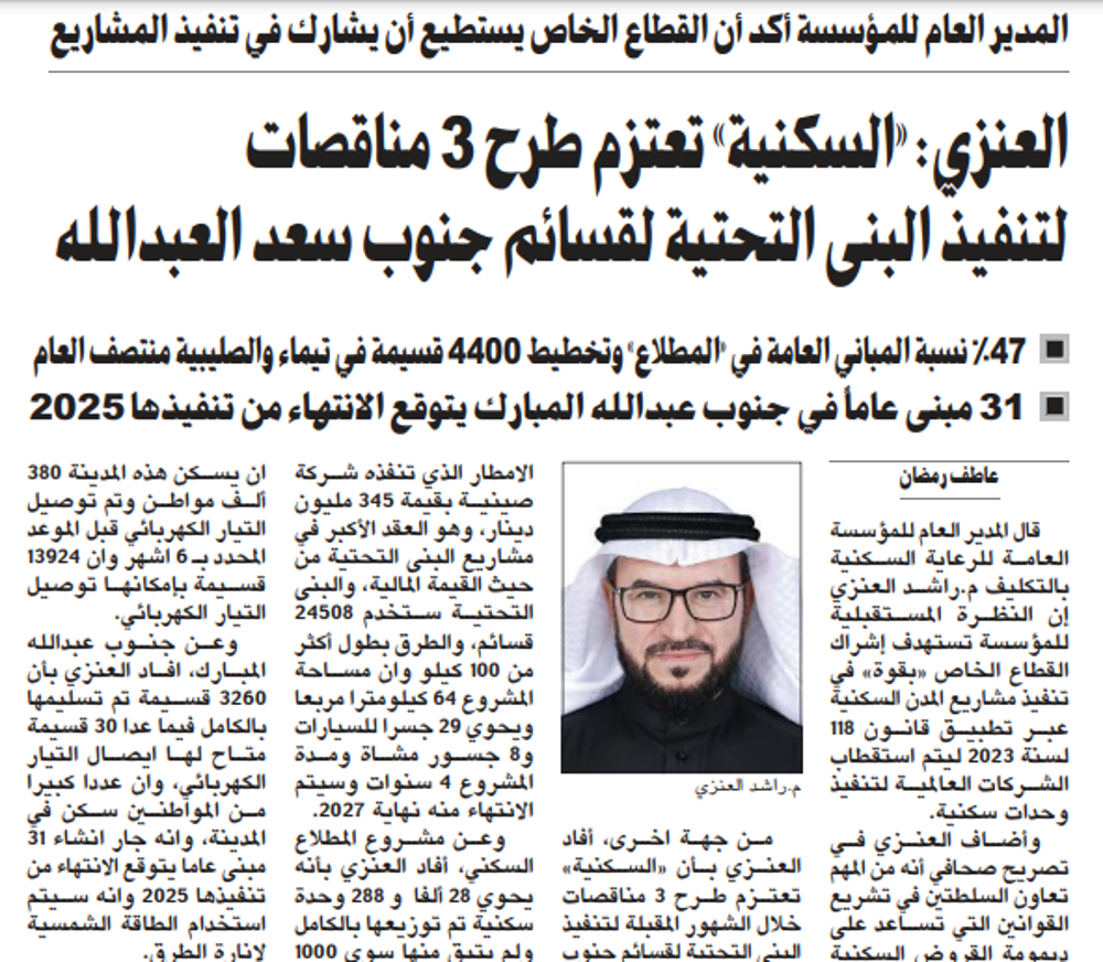 صورة العنزي: «السكنية» تعتزم طرح 3 مناقصات لتنفيذ البنى التحتية لقسائم جنوب سعد العبدالله