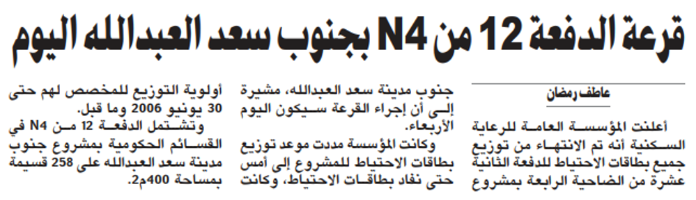 صورة قرعة الدفعة 12 من N4 بجنوب سعد العبدالله اليوم