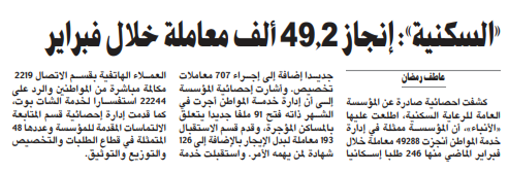 صورة «السكنية»: إنجاز 49.2 ألف معاملة خلال فبراير
