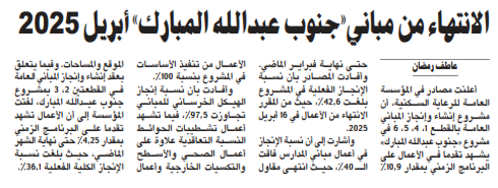 صورة الانتهاء من مباني«جنوب عبدالله المبارك» أبريل 2025