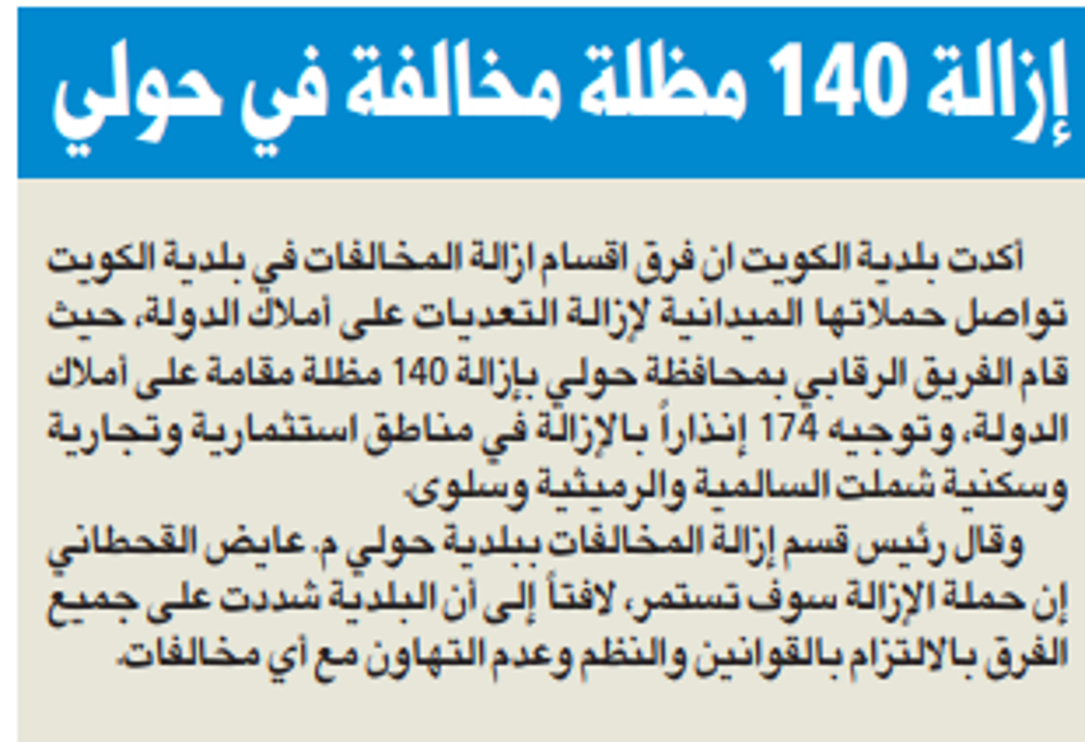 صورة إزالة 140 مظلة مخالفة في حولي
