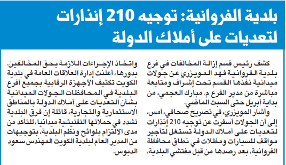 صورة بلدية الفروانية: توجيه 210 إنذارات لتعديات على أملاك الدولة