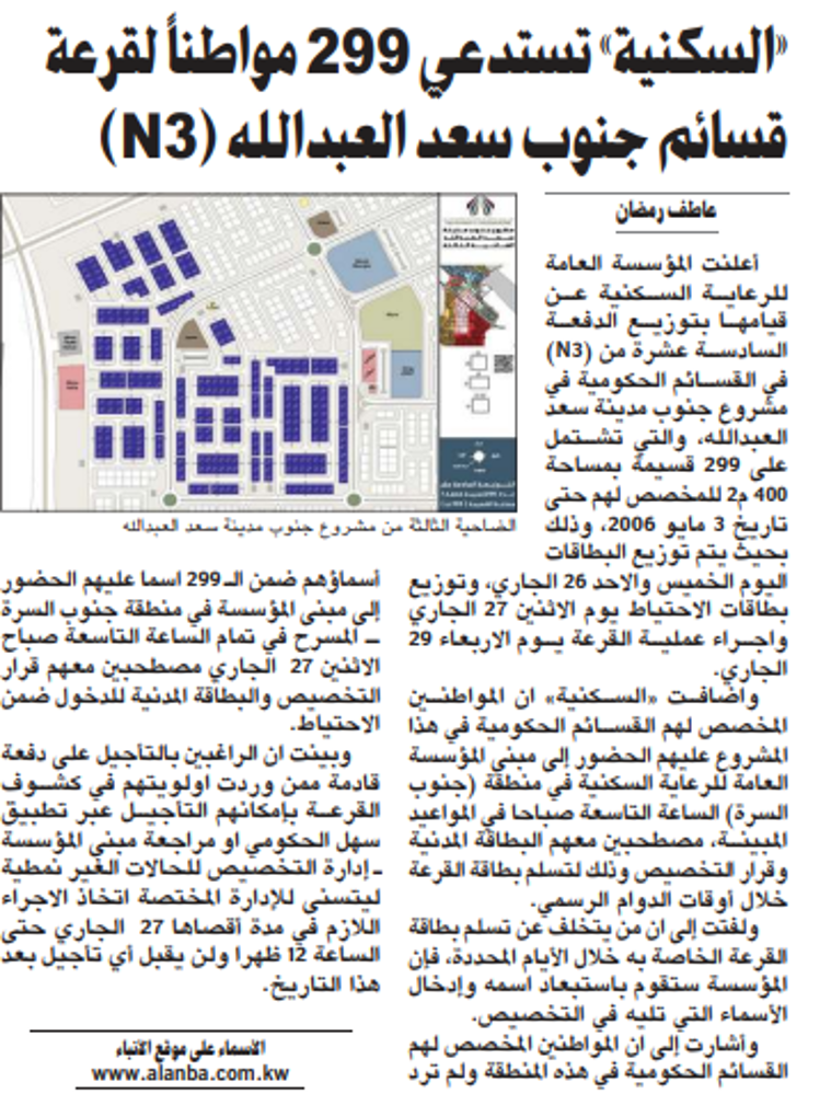 صورة «السكنية» تستدعي 299 مواطناً للدفعة الـ 16 لقرعة قسائم جنوب سعد العبدالله (N3)