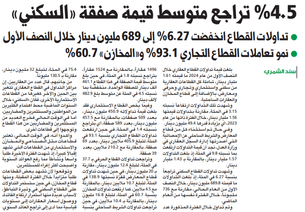 صورة 4.5 % تراجع متوسط قيمة صفقة «السكني»