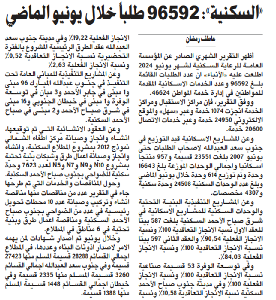 صورة «السكنية»: 96592 طلباً خلال يونيو الماضي