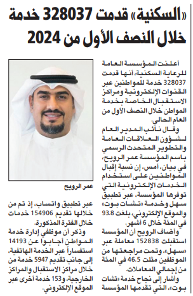صورة «السكنية» قدمت 328037 خدمة خلال النصف الأول من 2024