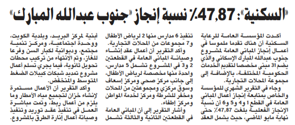 صورة «السكنية»: 47.87% نسبة إنجاز «جنوب عبدالله المبارك»