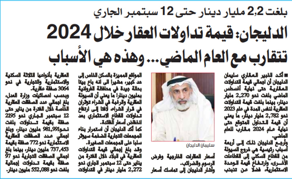 صورة الدليجان: قيمة تداولات العقار خلال 2024 تتقارب مع العام الماضي... وهذه هي الأسباب
