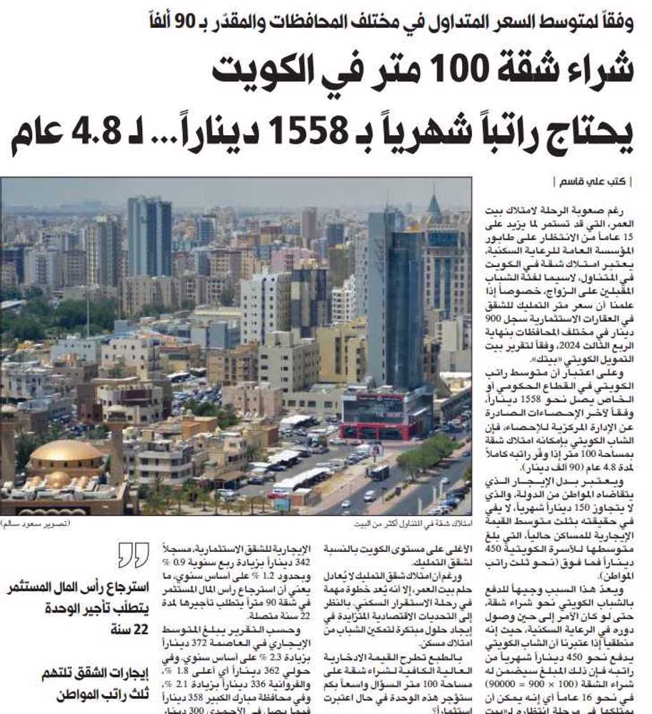 صورة شراء شقة 100 متر في الكويت يحتاج راتباً شهرياً بـ 1558 ديناراً... لـ 4.8 عام