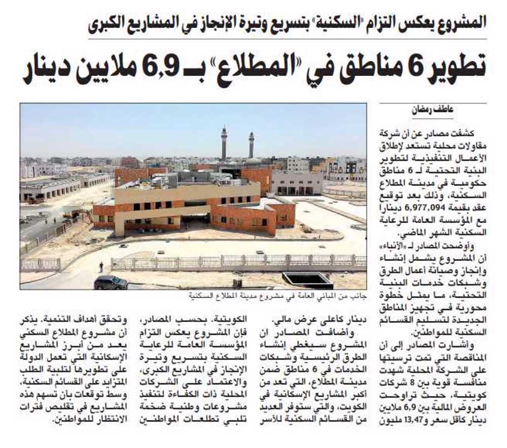 صورة تطوير 6 مناطق في «المطلاع» بـ 6.9 ملايين دينار