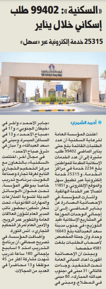 صورة «السكنية»: 99402 طلب إسكاني خلال يناير