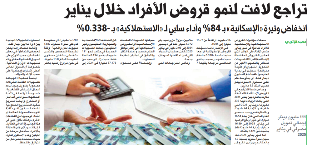 صورة تراجع لافت لنمو قروض الأفراد خلال يناير