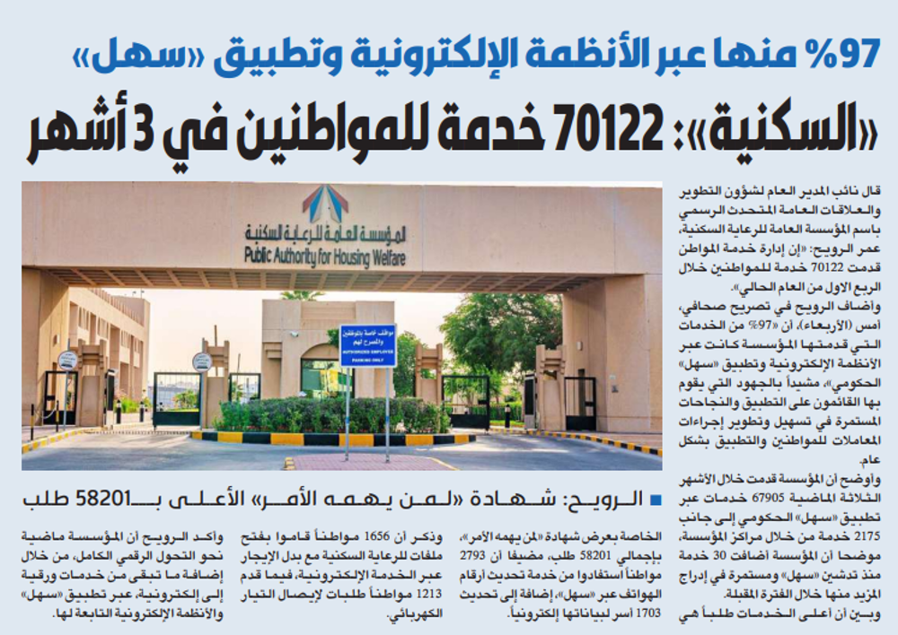 Picture of «السكنية»: 70122 خدمة للمواطنين في 3 أشهر
