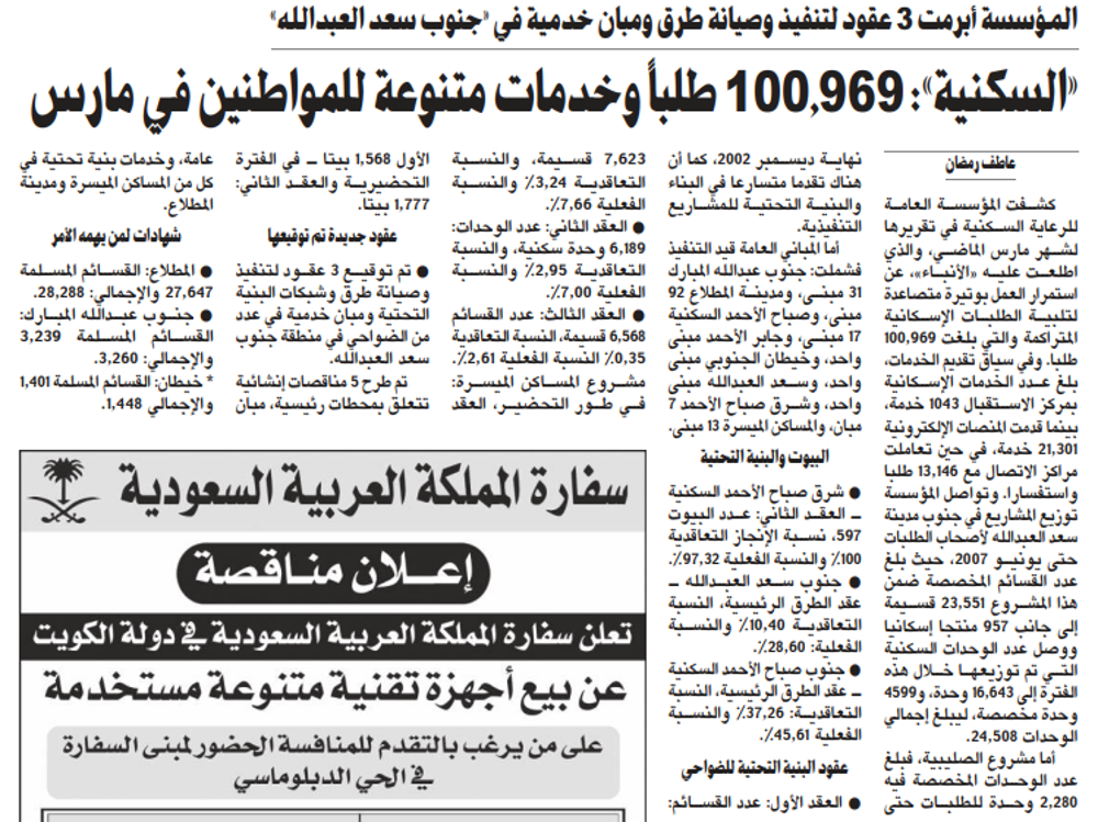 صورة «السكنية»: 100.969 طلباً وخدمات متنوعة للمواطنين في مارس