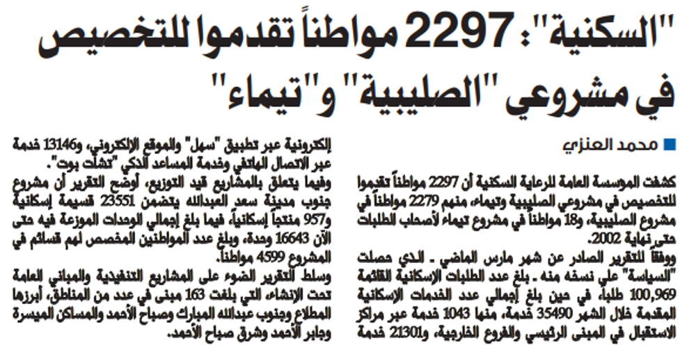 صورة "السكنية": 2297 مواطنًا تقدموا للتخصيص في مشروعي الصليبية وتيماء