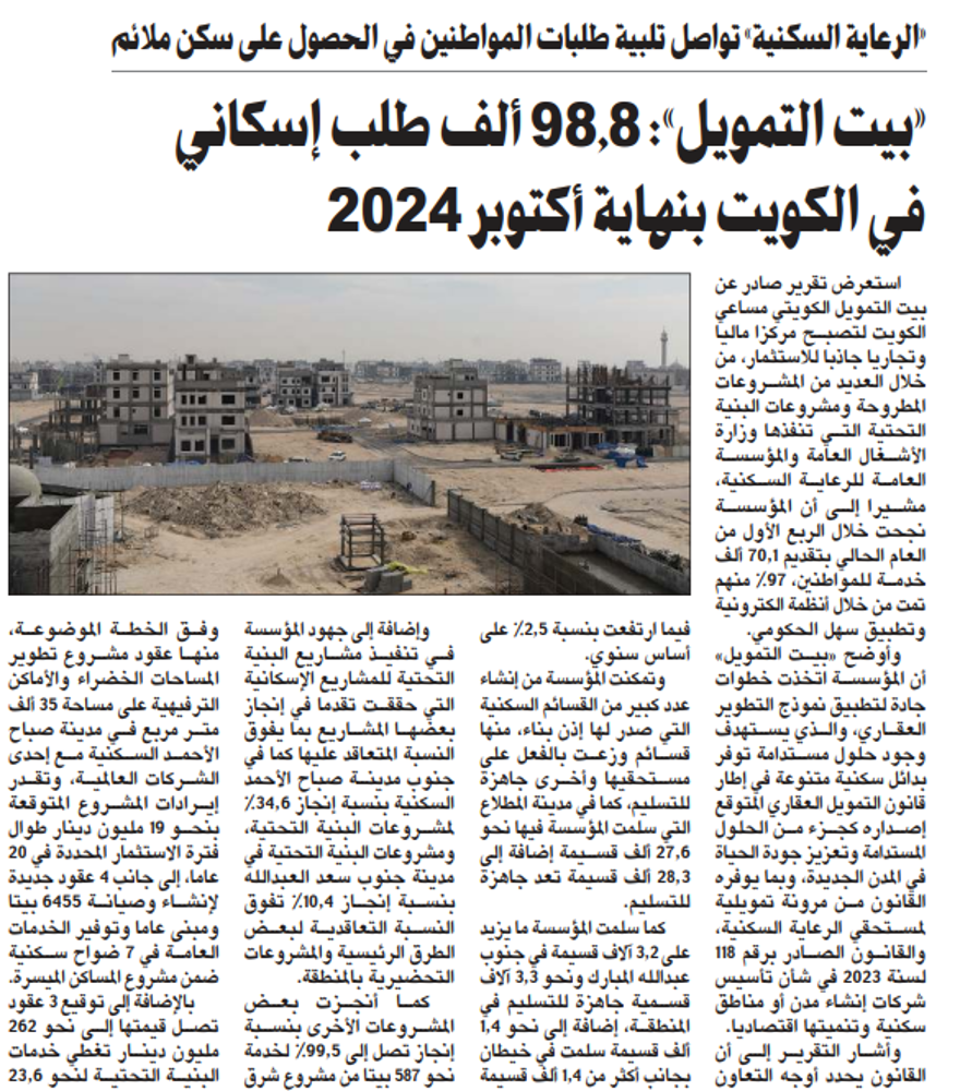 Picture of «بيت التمويل»: 98.8 ألف طلب إسكاني في الكويت بنهاية أكتوبر 2024