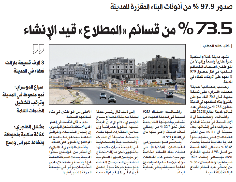 صورة 73.5 % من قسائم «المطلاع» قيد الإنشاء