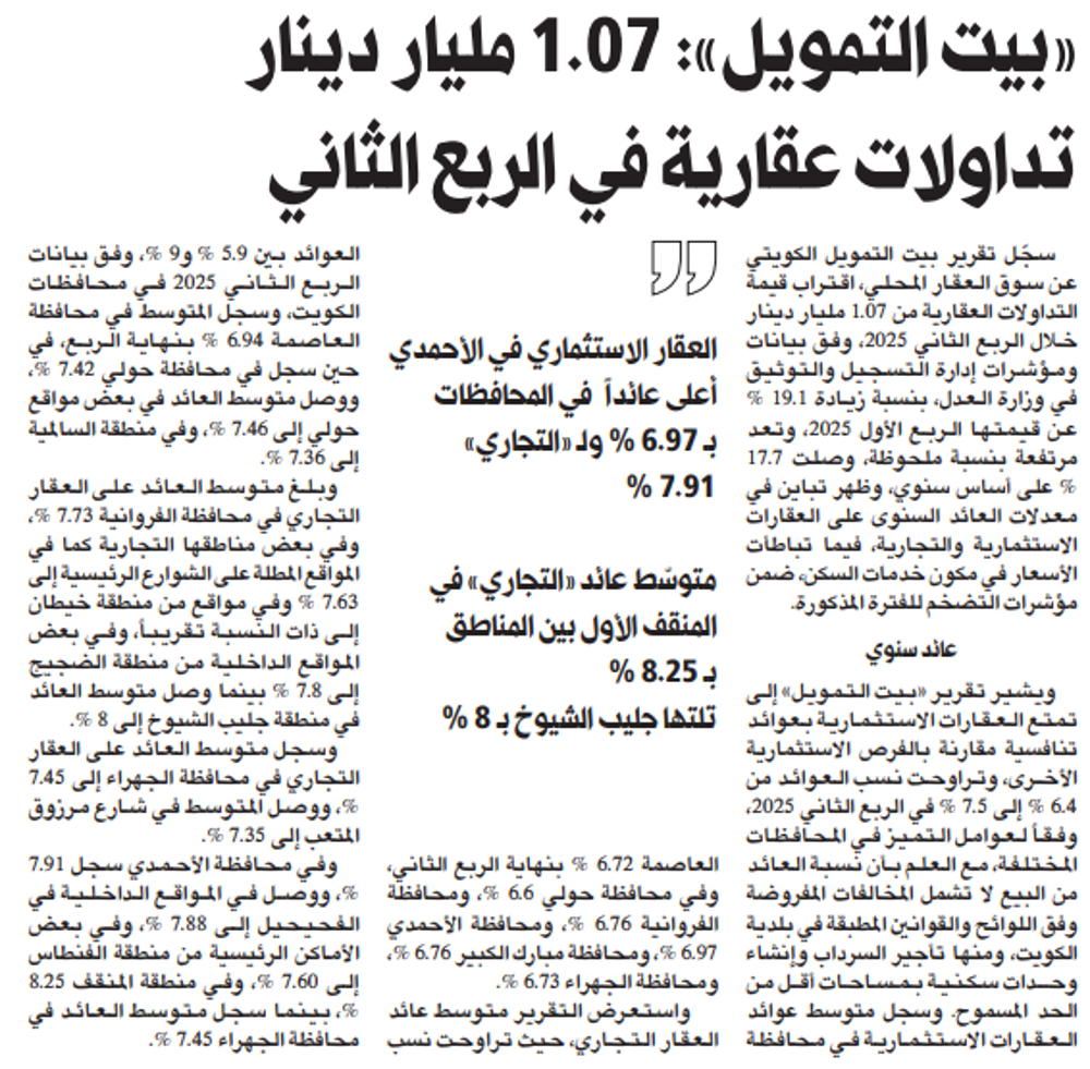 صورة «بيت التمويل»: 1.07 مليار دينار تداولات عقارية في الربع الثاني