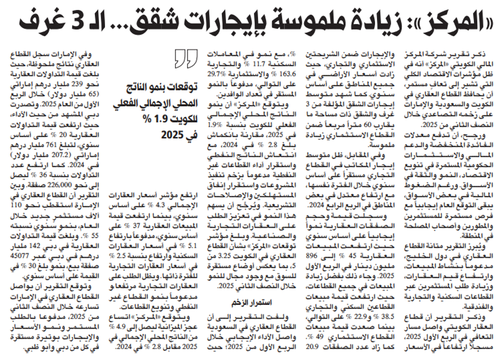 Picture of «المركز»: زيادة ملموسة بإيجارات شقق... الـ 3 غرف
