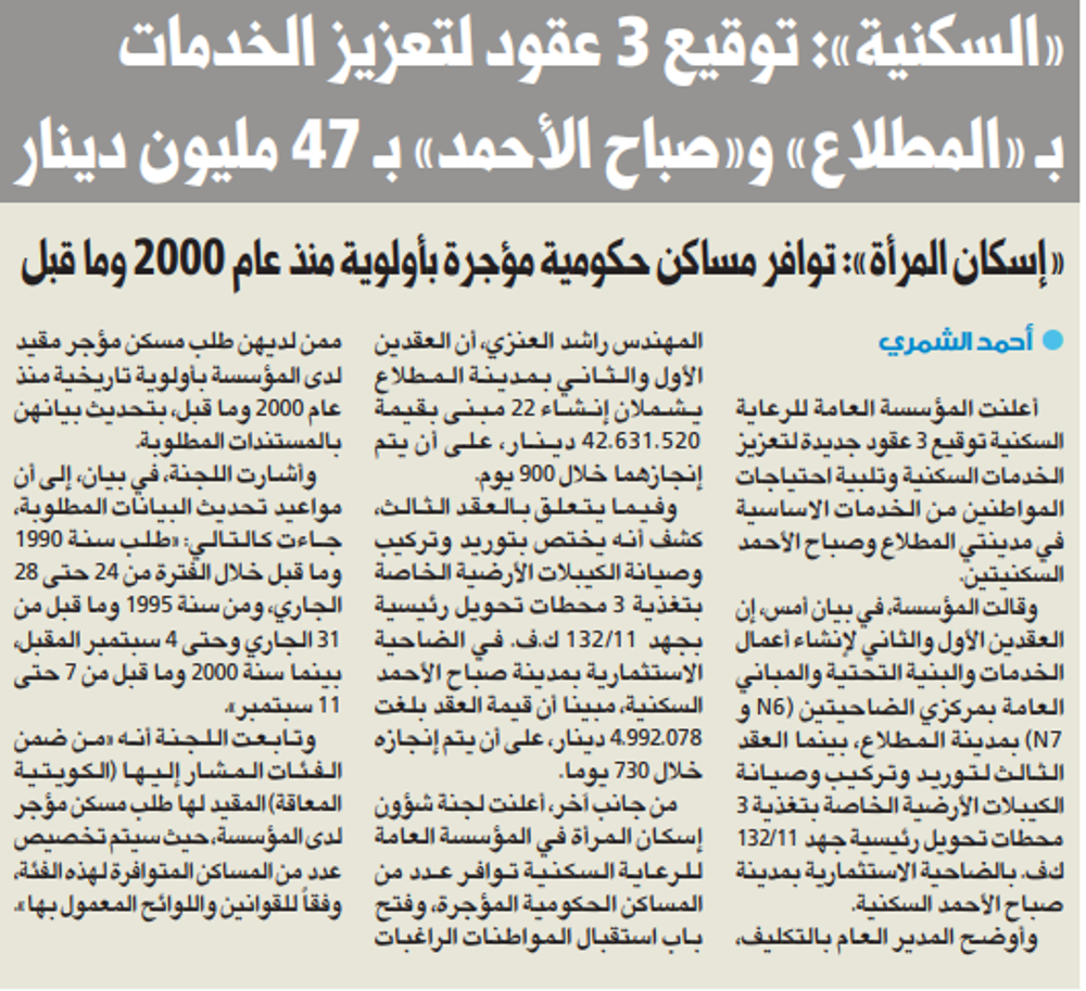 Picture of «السكنية»: توقيع 3 عقود لتعزيز الخدمات بـ «المطلاع» و«صباح الأحمد» بـ 47 مليون دينار