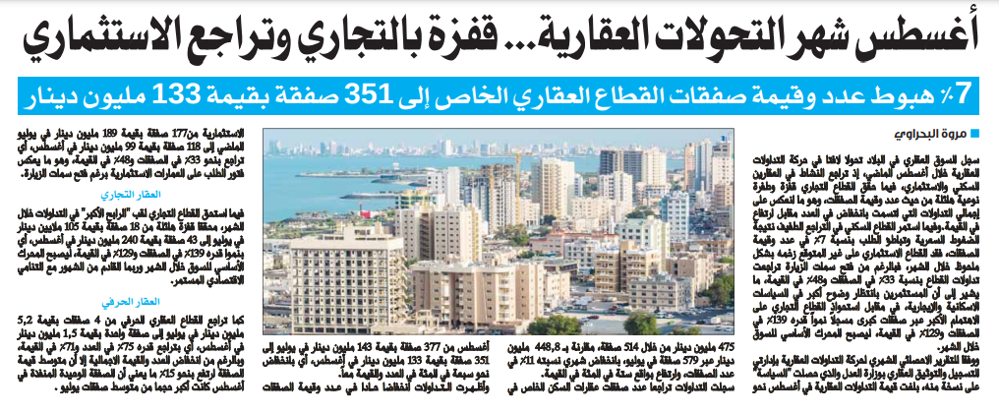 Picture of أغسطس شهر التحولات العقارية... قفزة بالتجاري وتراجع الاستثماري