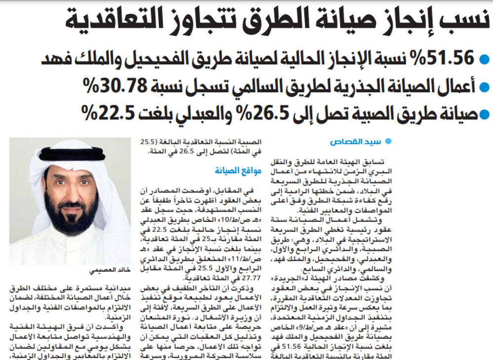 Picture of نسب إنجاز صيانة الطرق تتجاوز التعاقدية